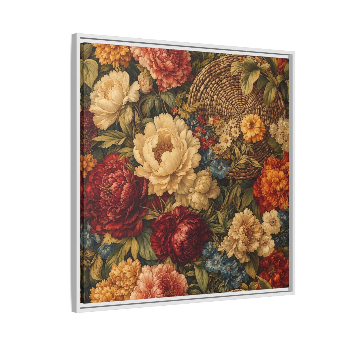 Side Mockup 7. Floral Flowers Multi-Color Floral Basket shown as stretched canvas wall art