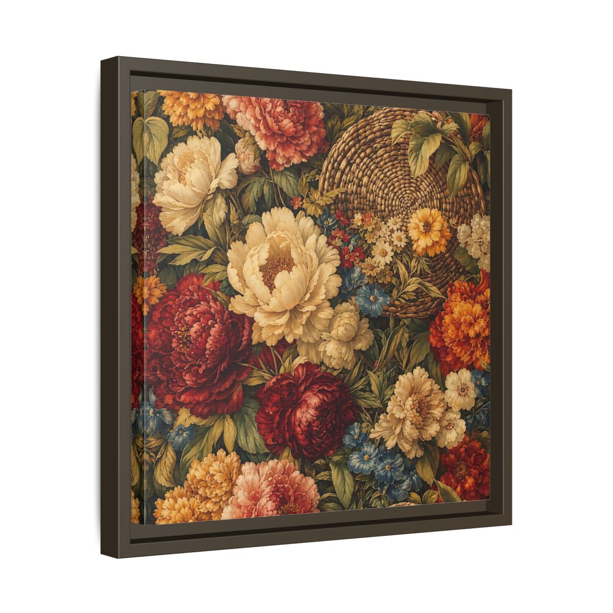 Side Mockup 29. Floral Flowers Multi-Color Floral Basket shown as stretched canvas wall art