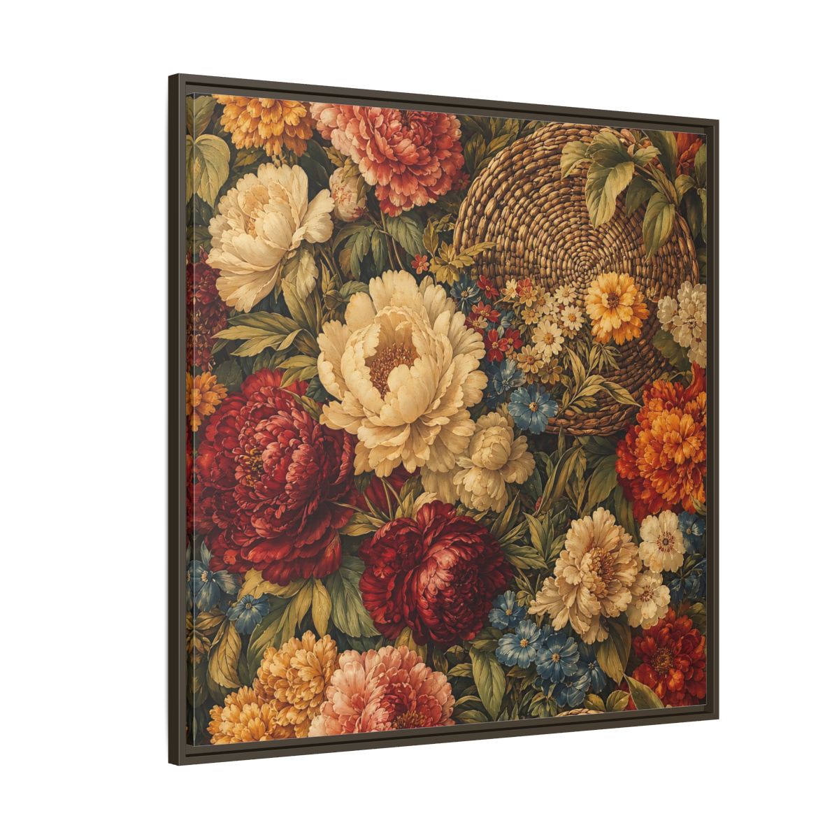 Side Mockup 5. Floral Flowers Multi-Color Floral Basket shown as stretched canvas wall art