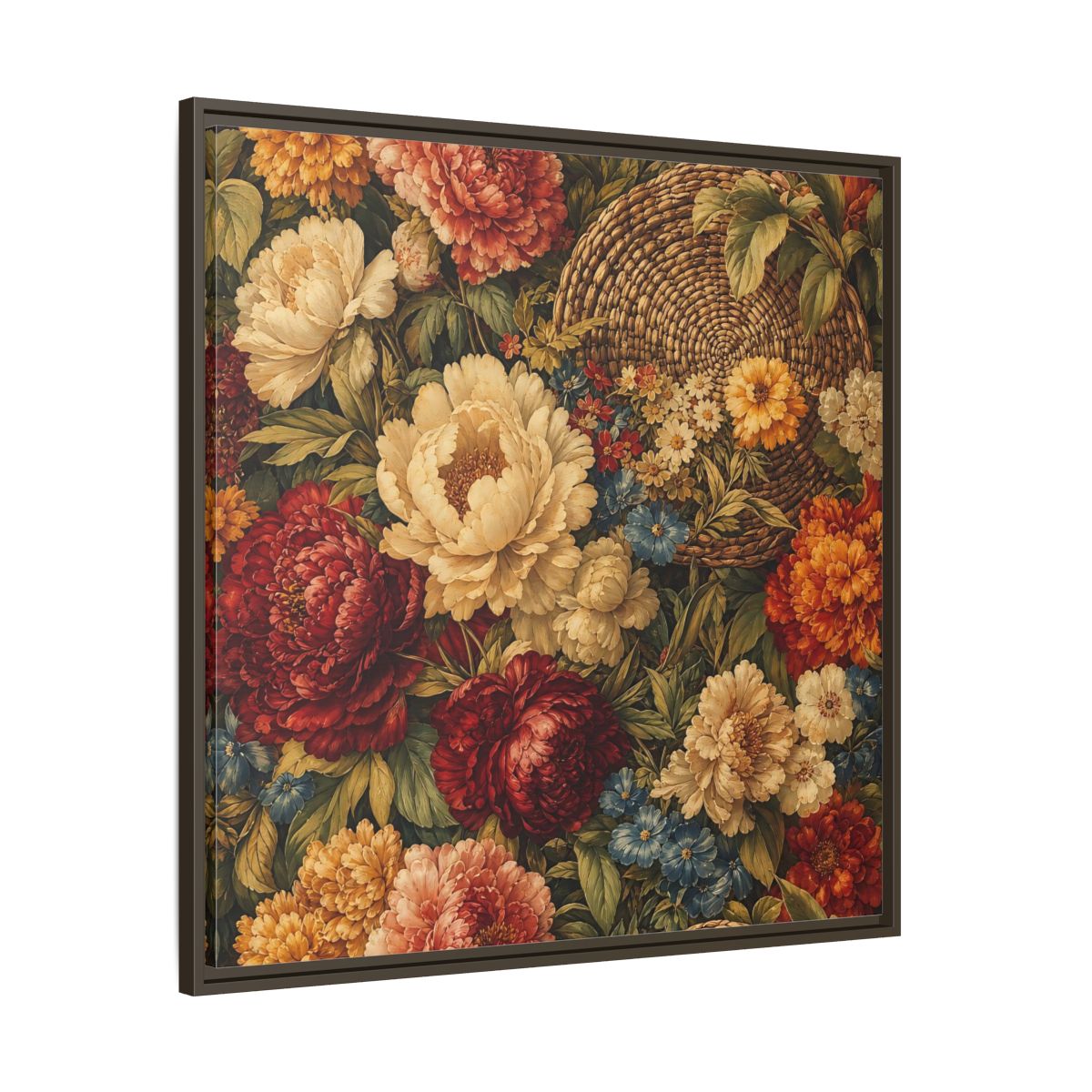 Main Mockup. Floral Flowers Multi-Color Floral Basket shown as stretched canvas wall art