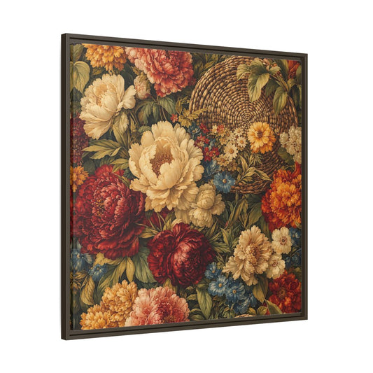 Main Mockup. Floral Flowers Multi-Color Floral Basket shown as stretched canvas wall art