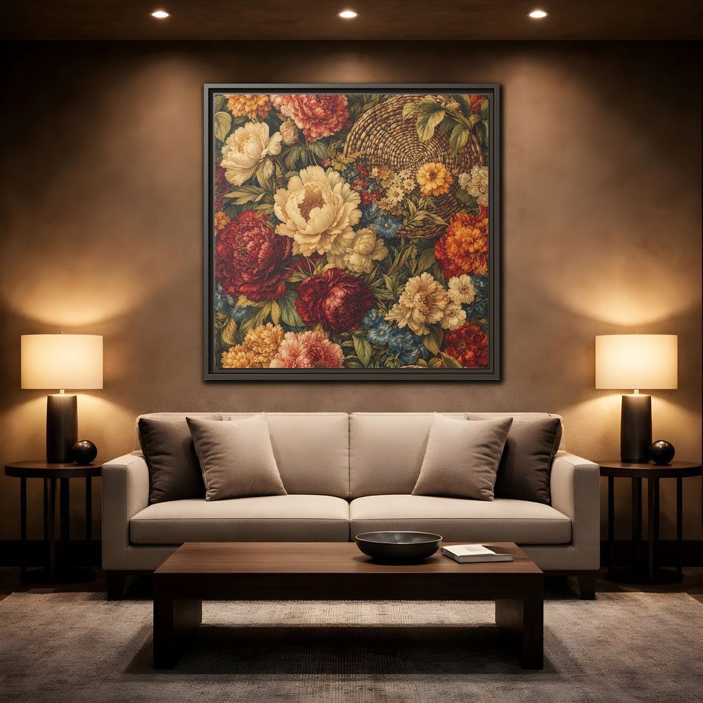 Mockup 2. Floral Flowers Multi-Color Floral Basket shown as stretched canvas wall art