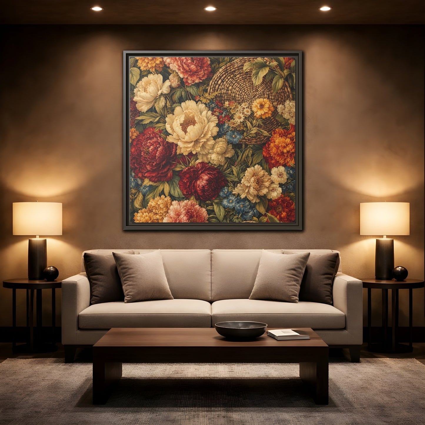 Mockup 2. Floral Flowers Multi-Color Floral Basket shown as stretched canvas wall art