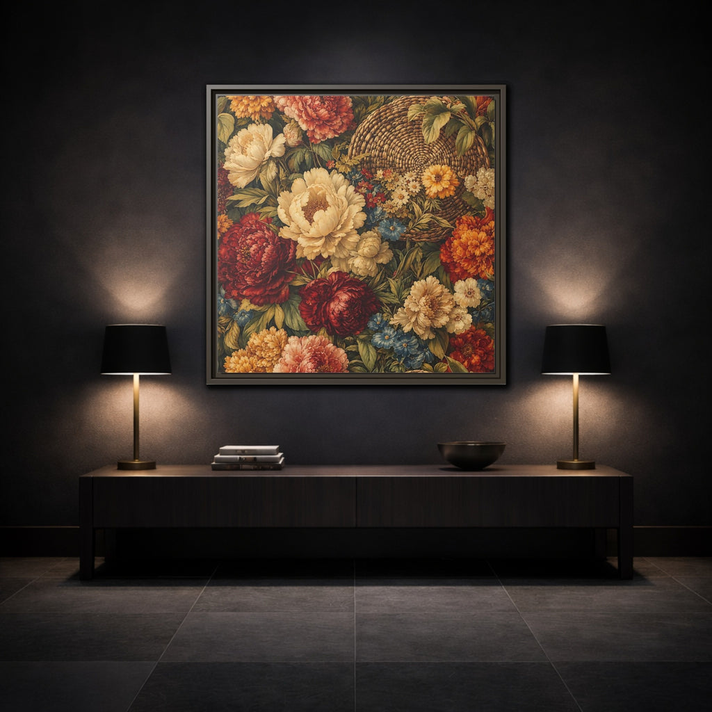 Mockup 3. Floral Flowers Multi-Color Floral Basket shown as stretched canvas wall art