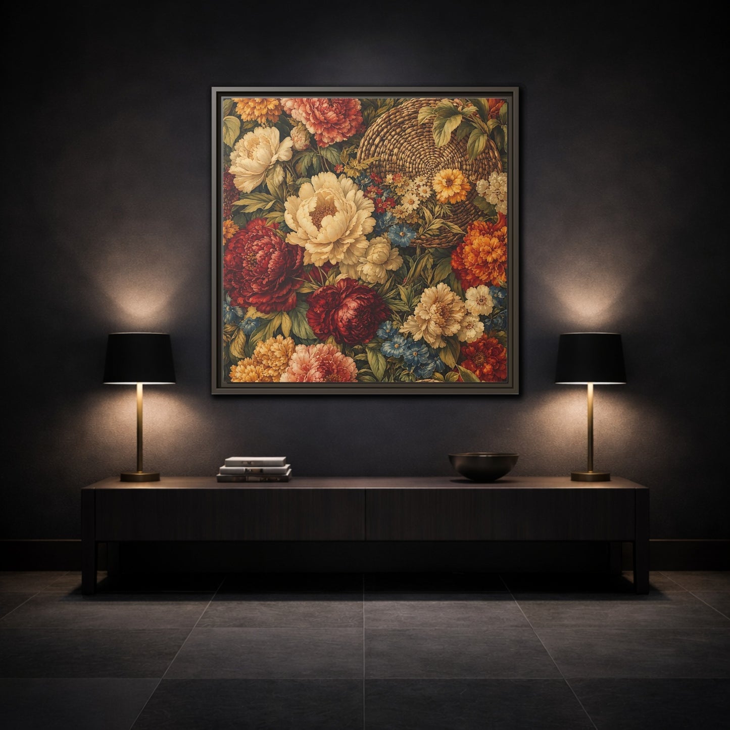 Mockup 3. Floral Flowers Multi-Color Floral Basket shown as stretched canvas wall art