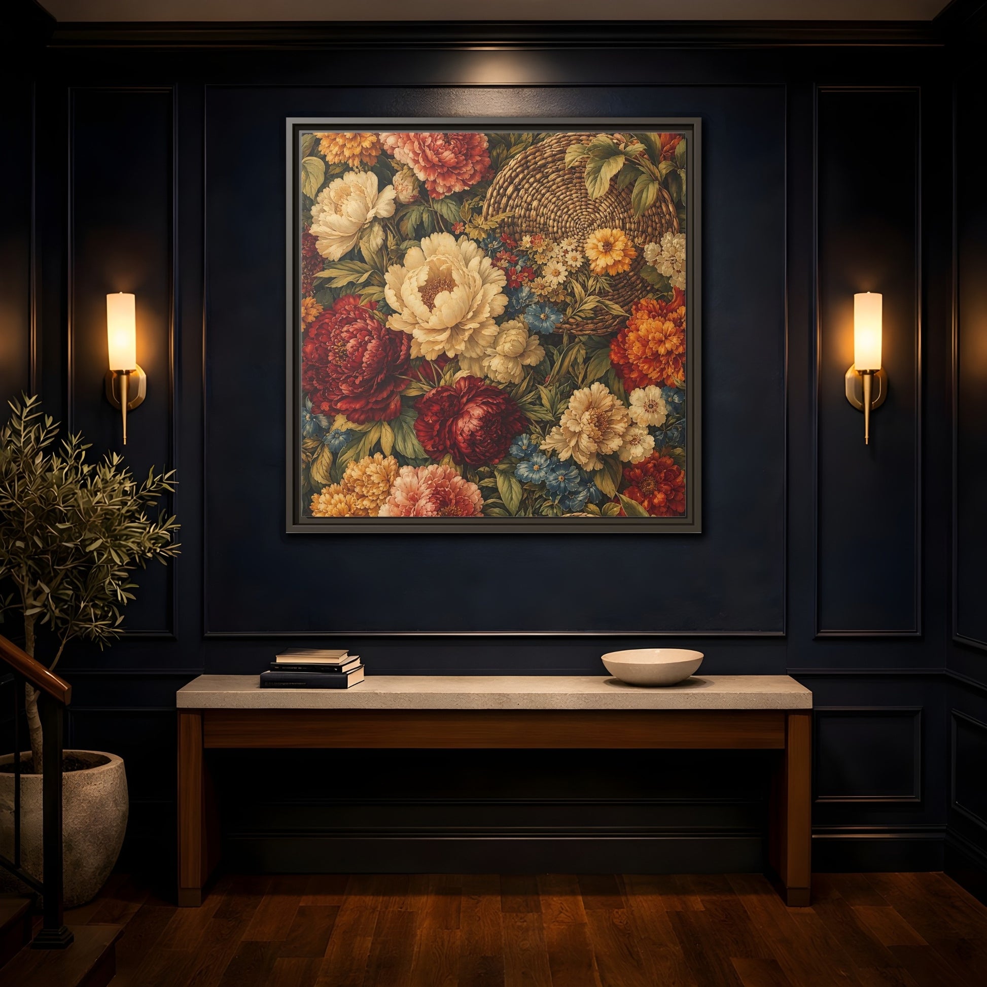 Mockup 4. Floral Flowers Multi-Color Floral Basket shown as stretched canvas wall art
