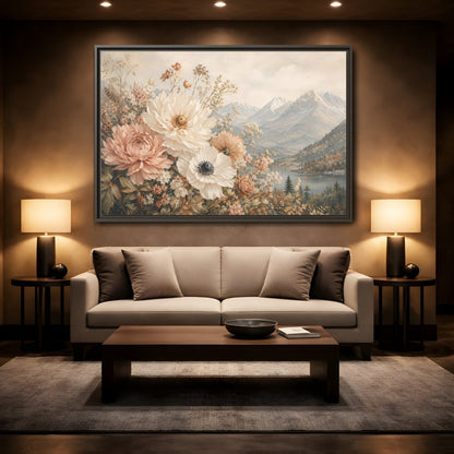 Mockup 2. Floral Flowers Muted Floral Landscape shown as stretched canvas wall art