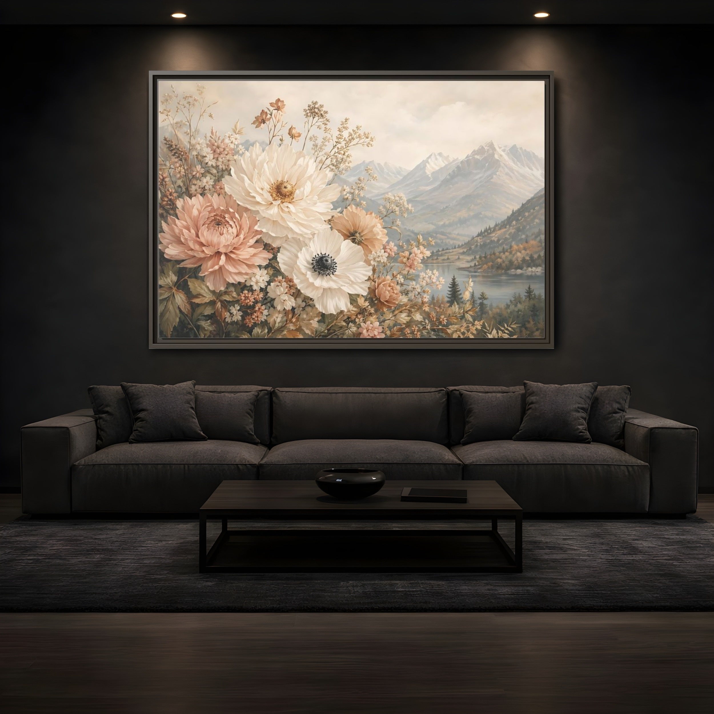Mockup 3. Floral Flowers Muted Floral Landscape shown as stretched canvas wall art