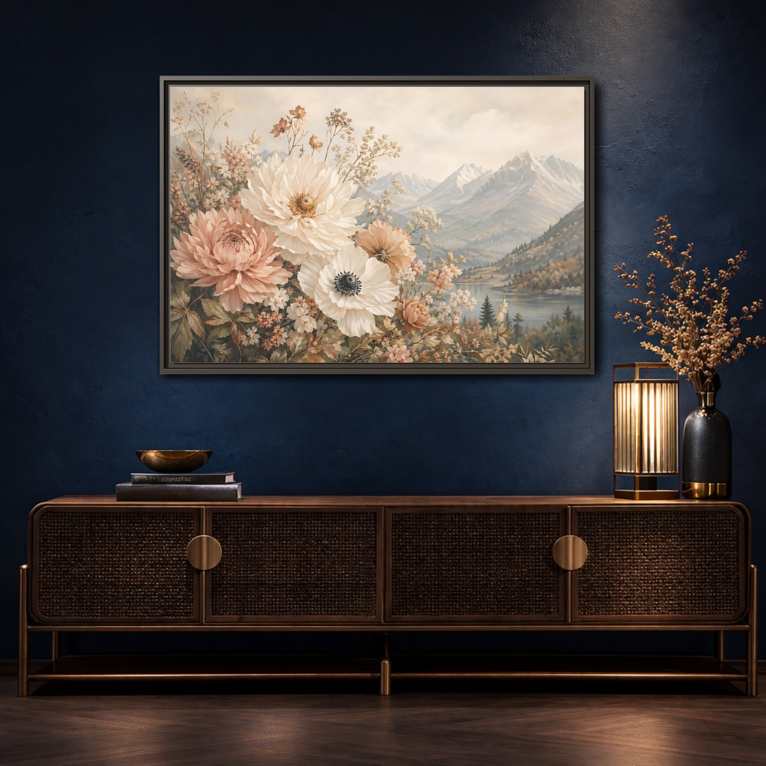 Mockup 4. Floral Flowers Muted Floral Landscape shown as stretched canvas wall art