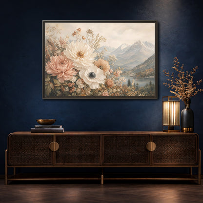 Mockup 4. Floral Flowers Muted Floral Landscape shown as stretched canvas wall art
