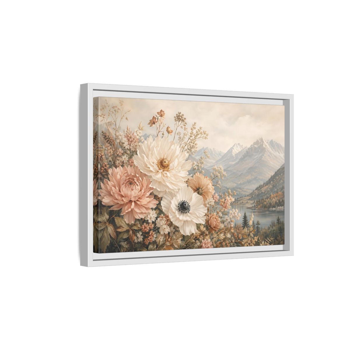 Side Mockup 4. Floral Flowers Muted Floral Landscape shown as stretched canvas wall art