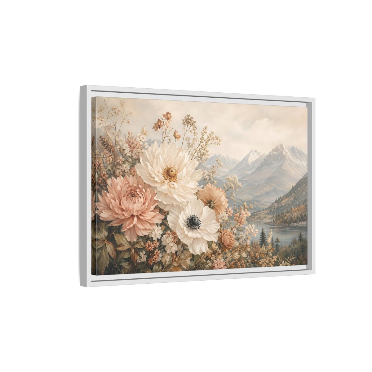 Side Mockup 1. Floral Flowers Muted Floral Landscape shown as stretched canvas wall art