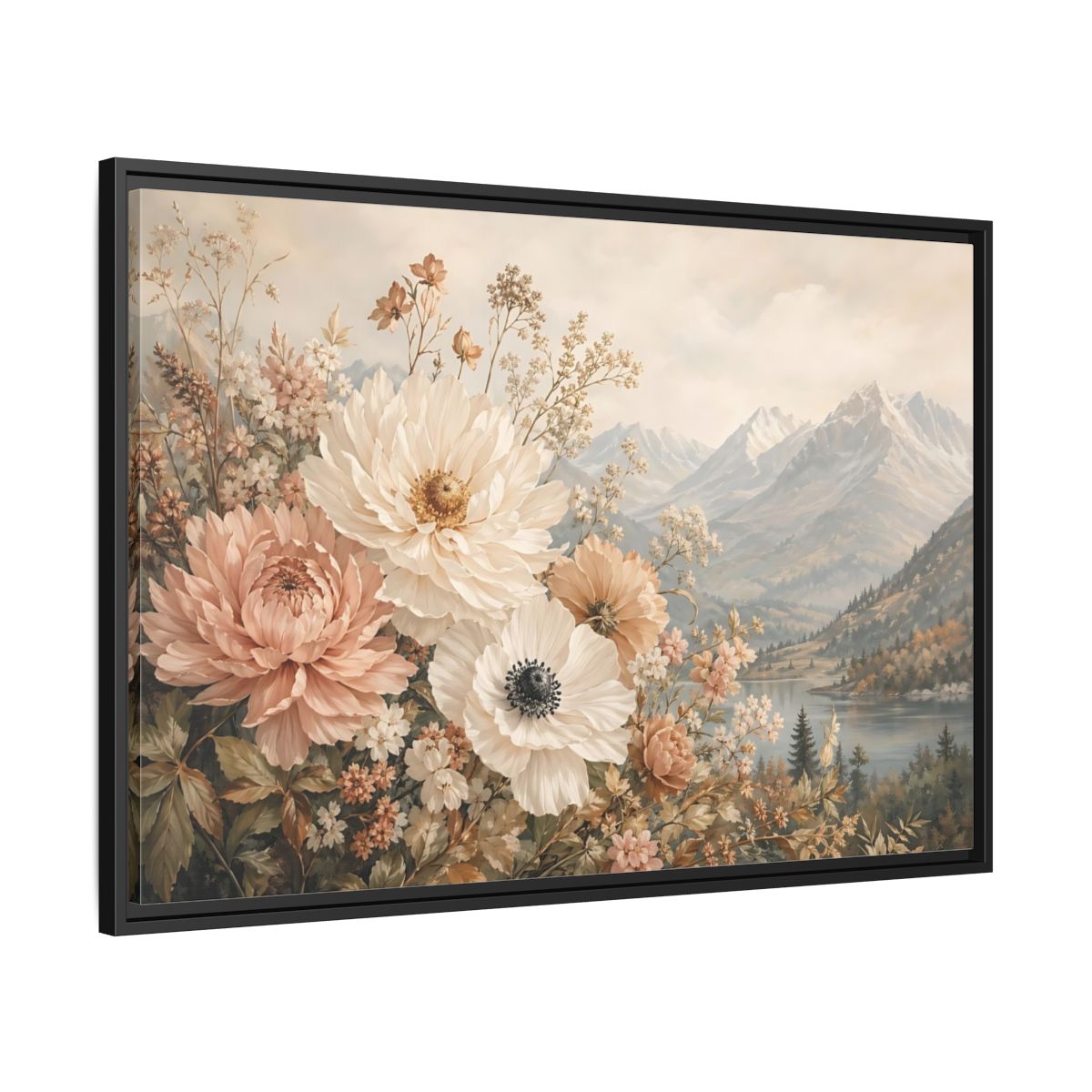 Side Mockup 13. Floral Flowers Muted Floral Landscape shown as stretched canvas wall art