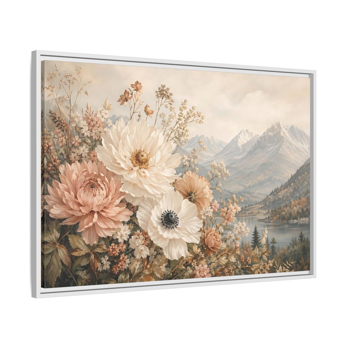 Side Mockup 9. Floral Flowers Muted Floral Landscape shown as stretched canvas wall art