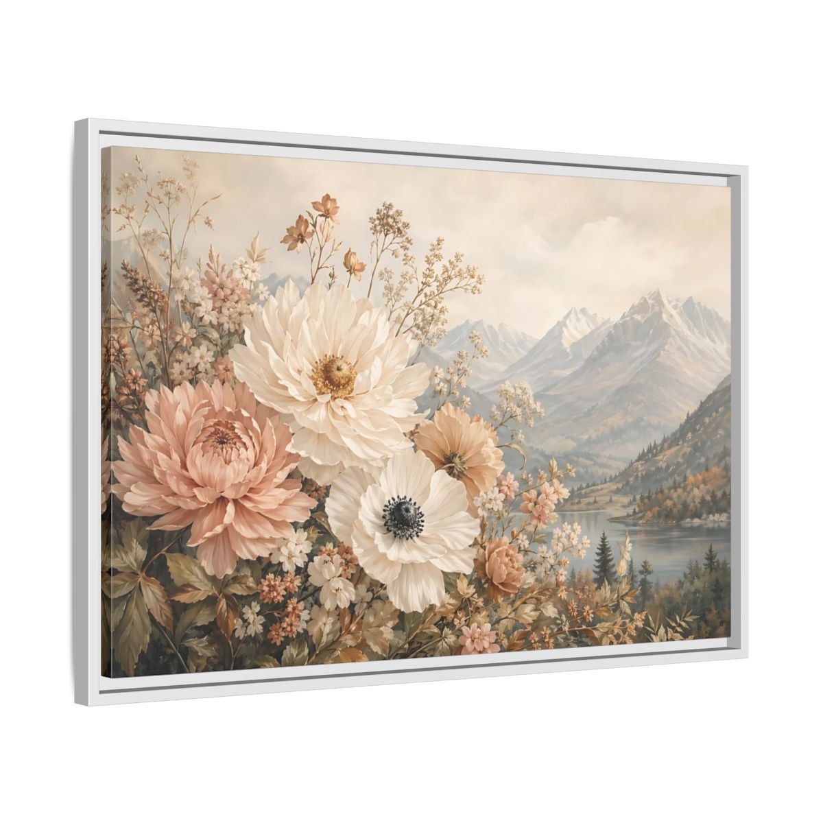 Side Mockup 10. Floral Flowers Muted Floral Landscape shown as stretched canvas wall art