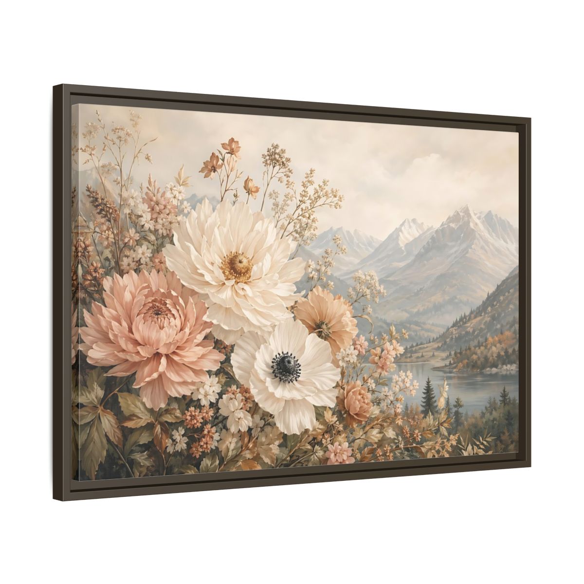 Side Mockup 11. Floral Flowers Muted Floral Landscape shown as stretched canvas wall art