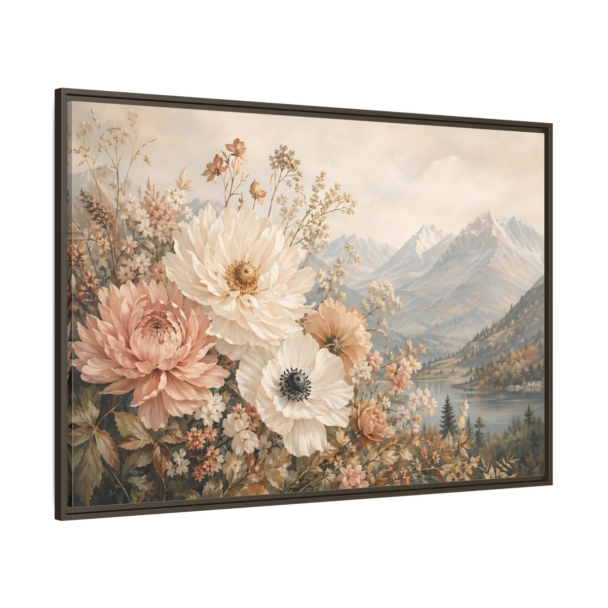 Side Mockup 8. Floral Flowers Muted Floral Landscape shown as stretched canvas wall art