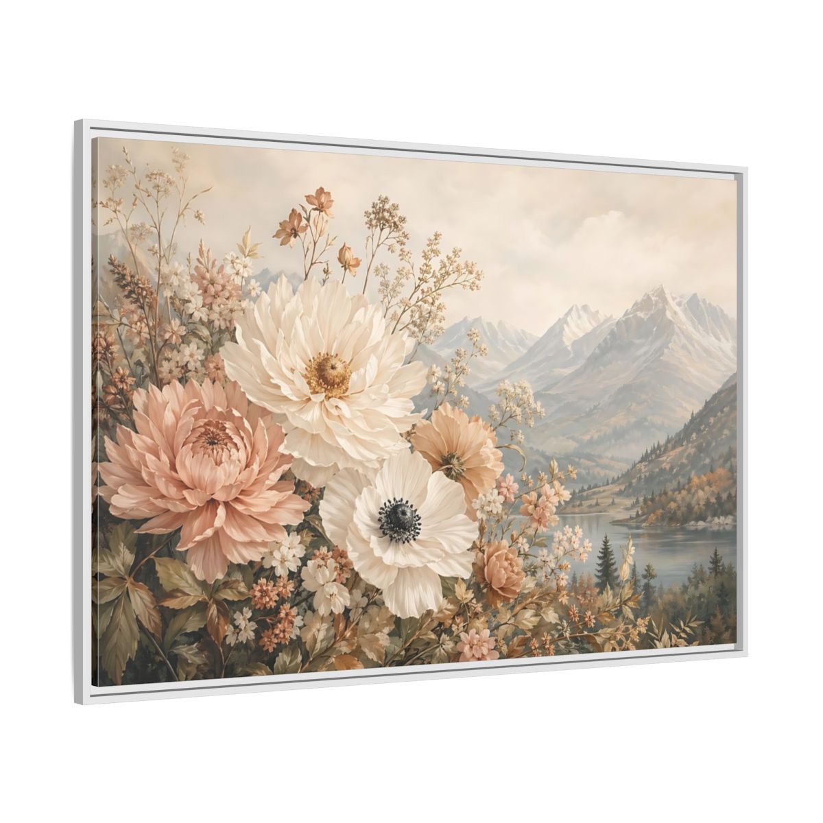 Side Mockup 7. Floral Flowers Muted Floral Landscape shown as stretched canvas wall art