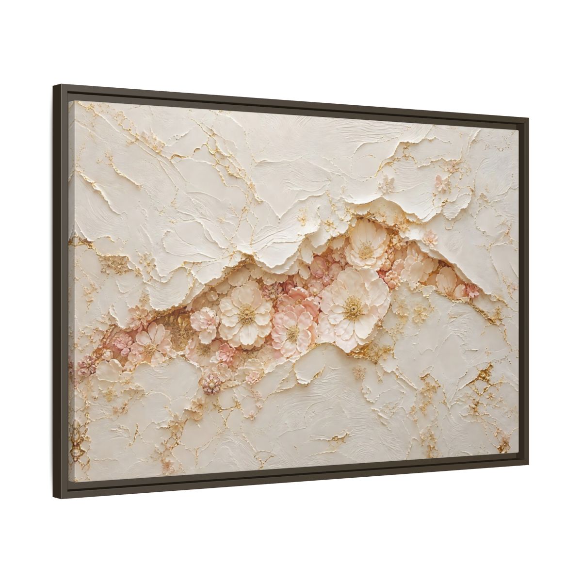 Main Mockup. Floral Flowers Pink And Gold shown as stretched canvas wall art