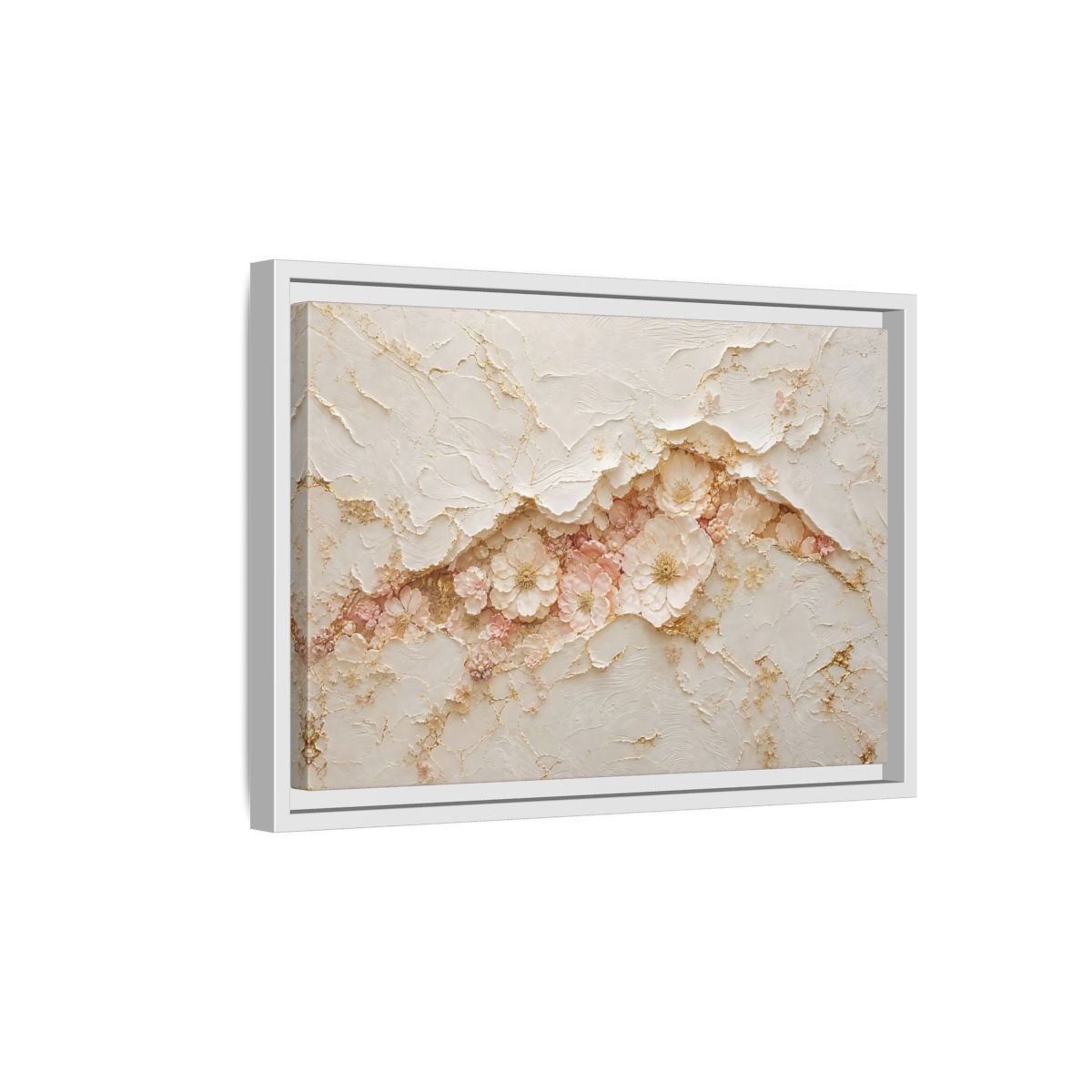 Side Mockup 4. Floral Flowers Pink And Gold shown as stretched canvas wall art