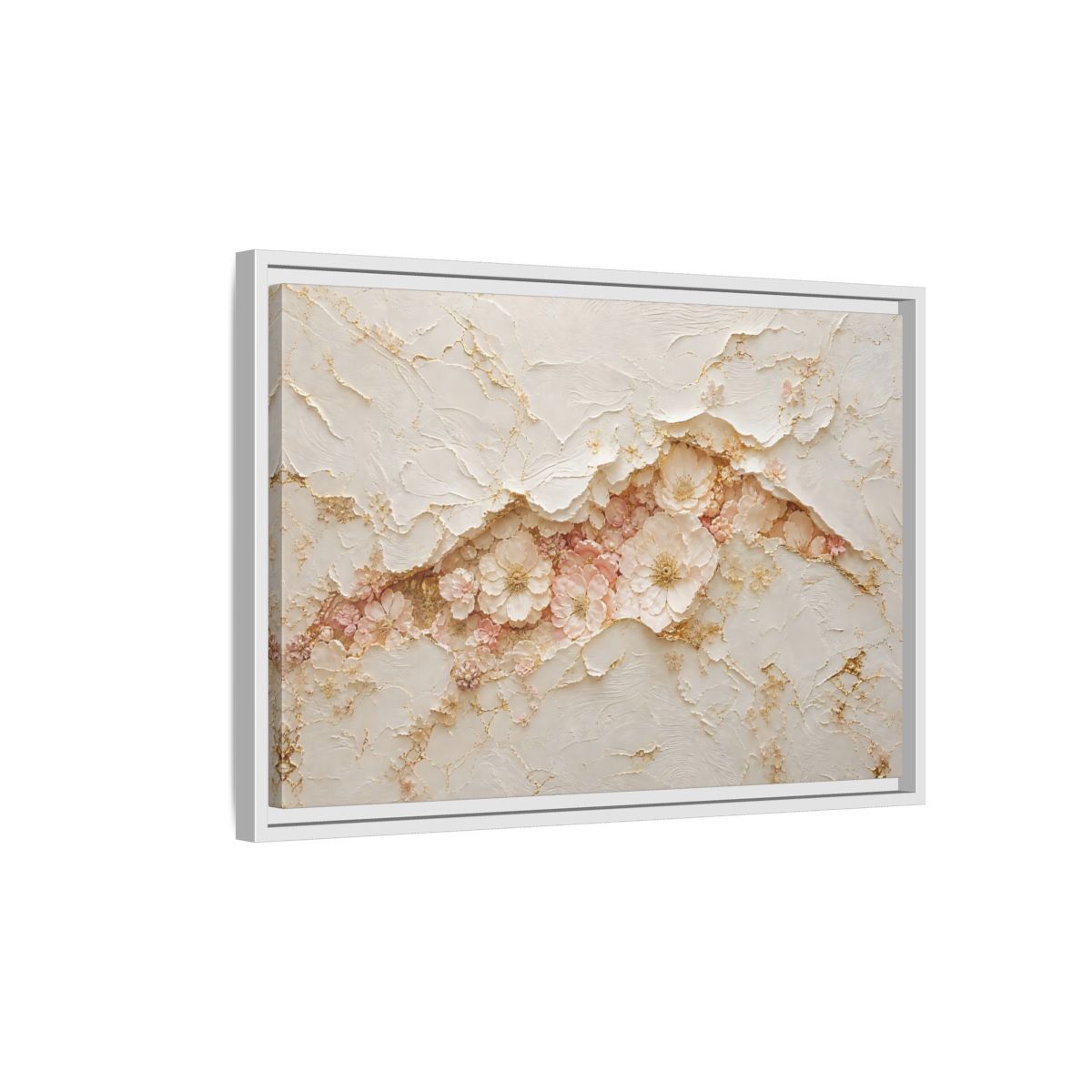Side Mockup 1. Floral Flowers Pink And Gold shown as stretched canvas wall art