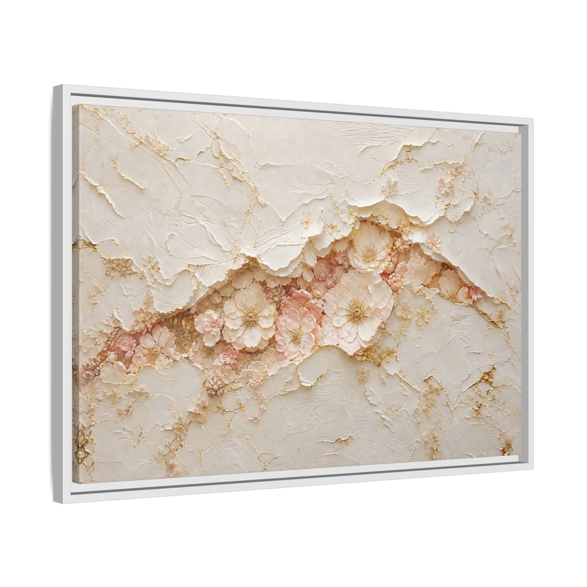 Side Mockup 10. Floral Flowers Pink And Gold shown as stretched canvas wall art