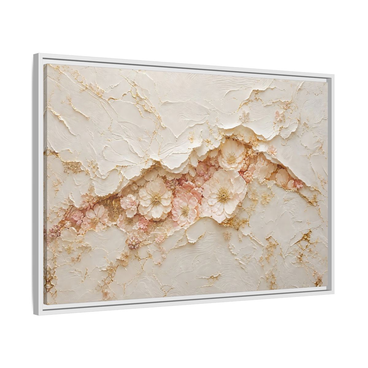 Side Mockup 9. Floral Flowers Pink And Gold shown as stretched canvas wall art