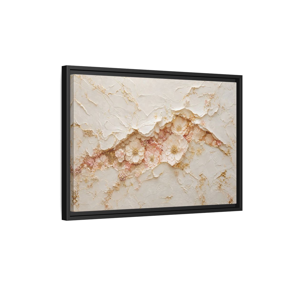 Side Mockup 3. Floral Flowers Pink And Gold shown as stretched canvas wall art