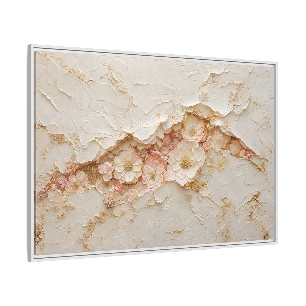 Side Mockup 7. Floral Flowers Pink And Gold shown as stretched canvas wall art