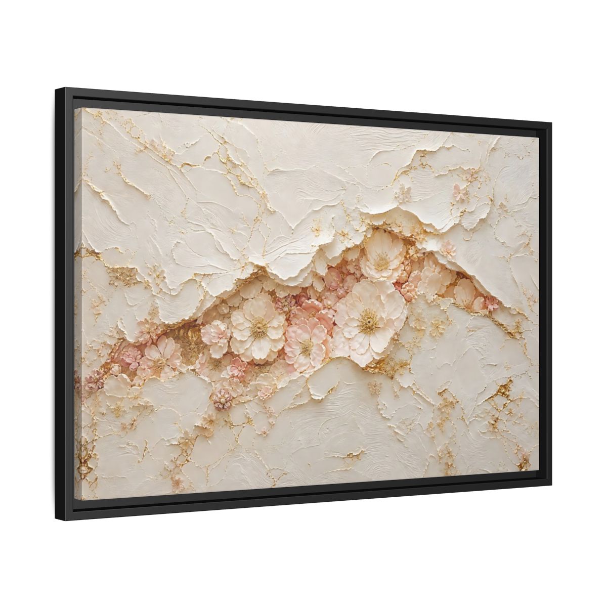 Side Mockup 14. Floral Flowers Pink And Gold shown as stretched canvas wall art
