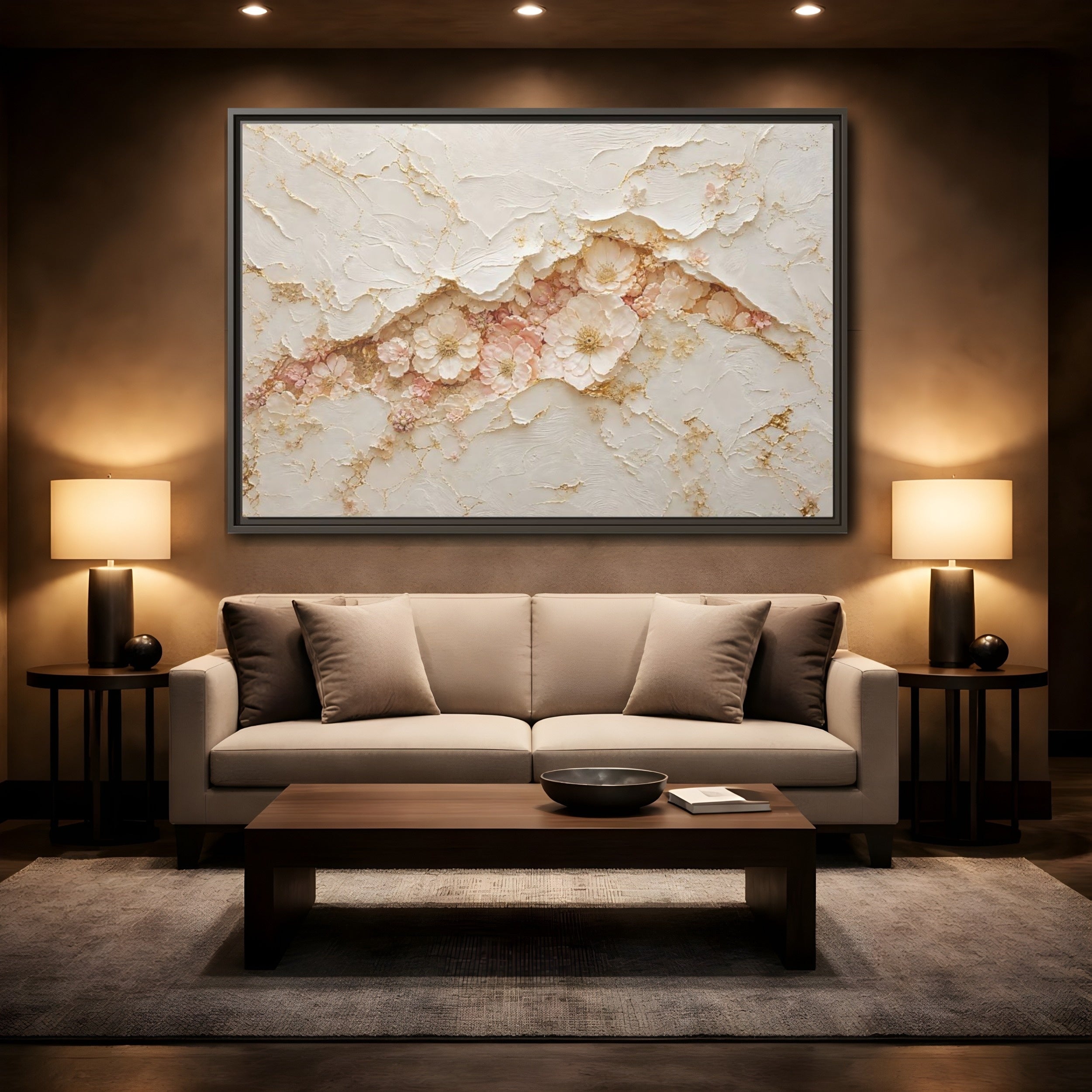 Mockup 2. Floral Flowers Pink And Gold shown as stretched canvas wall art