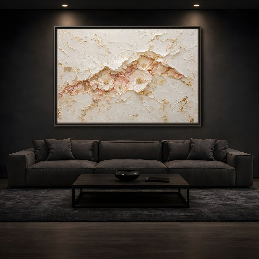 Mockup 3. Floral Flowers Pink And Gold shown as stretched canvas wall art