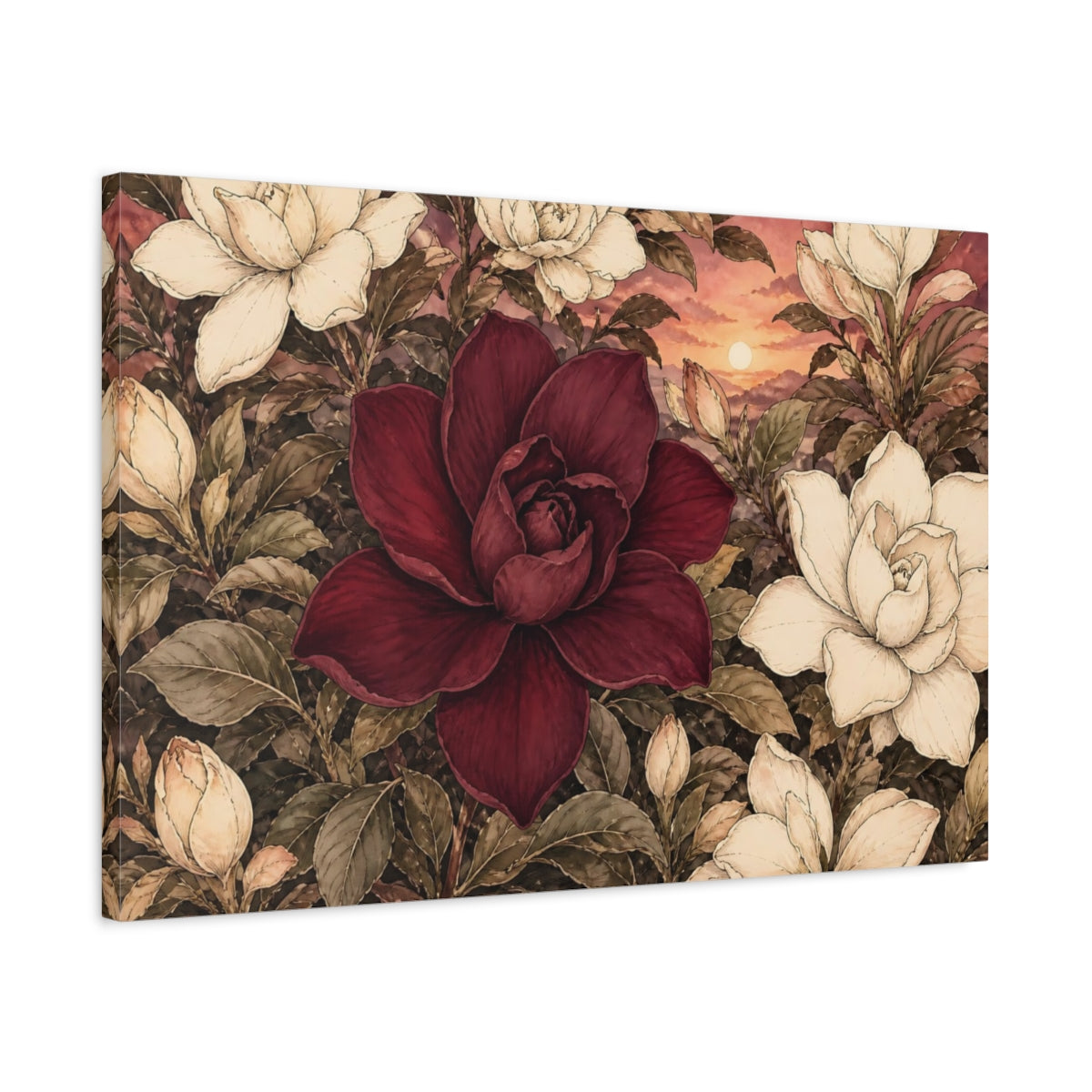 Side Mockup 2. Floral Flowers Red And Cream Floral shown as stretched canvas wall art