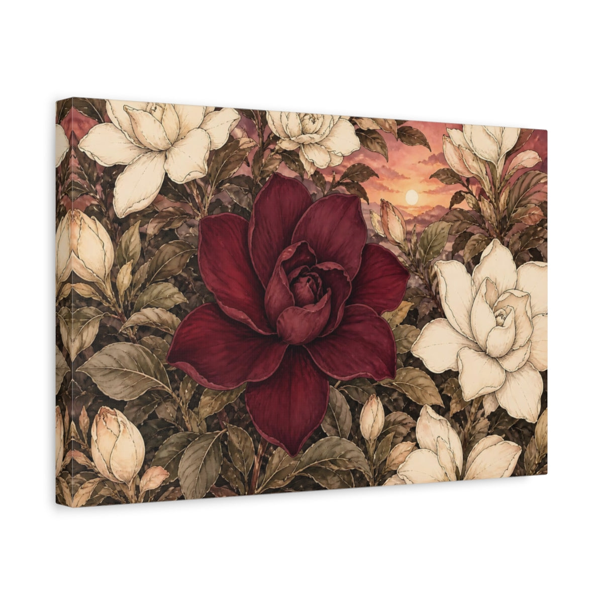 Side Mockup 4. Floral Flowers Red And Cream Floral shown as stretched canvas wall art