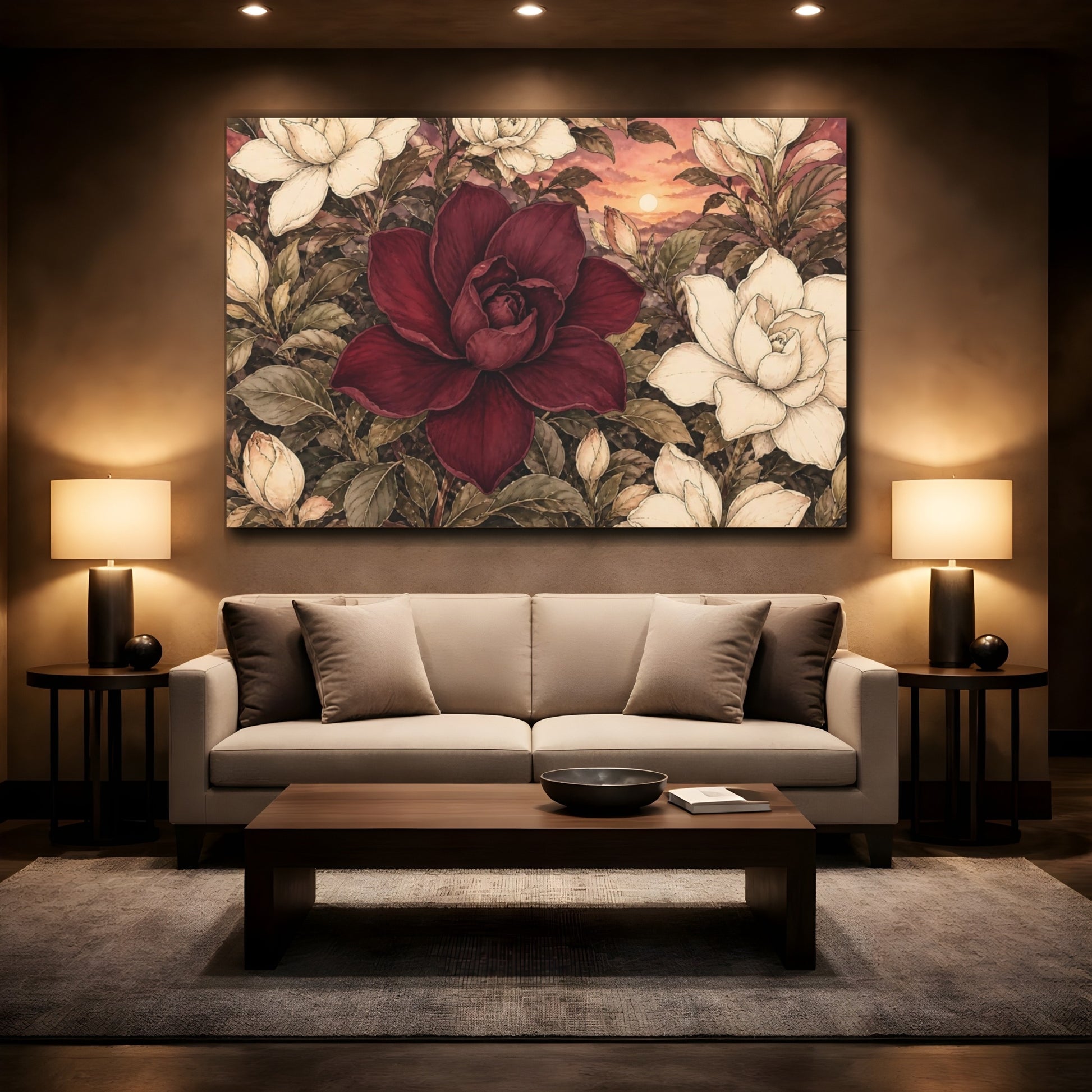 Mockup 2. Floral Flowers Red And Cream Floral shown as stretched canvas wall art