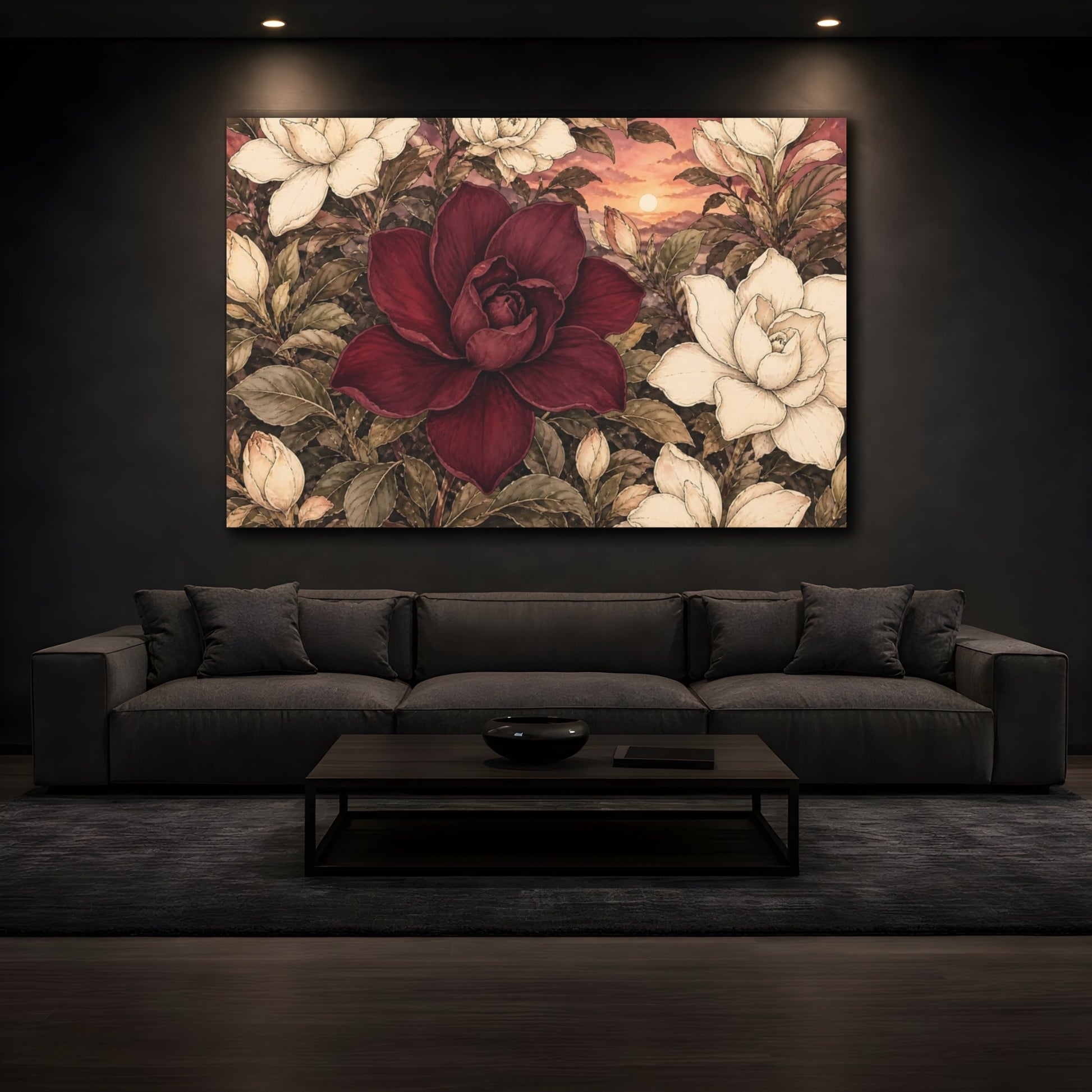 Mockup 3. Floral Flowers Red And Cream Floral shown as stretched canvas wall art