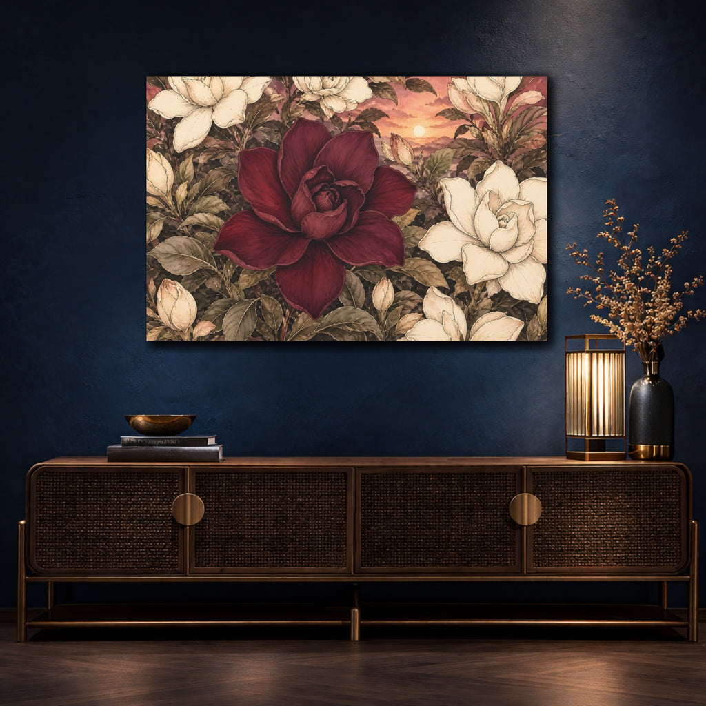 Mockup 4. Floral Flowers Red And Cream Floral shown as stretched canvas wall art