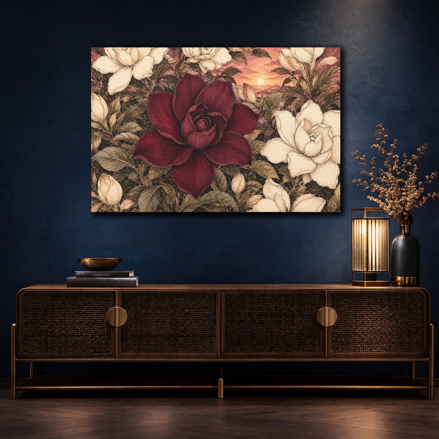 Mockup 4. Floral Flowers Red And Cream Floral shown as stretched canvas wall art