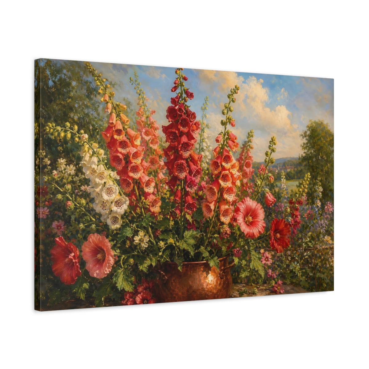 Side Mockup 2. Floral Foxglove Flowers Vibrant Garden Floral shown as stretched canvas wall art