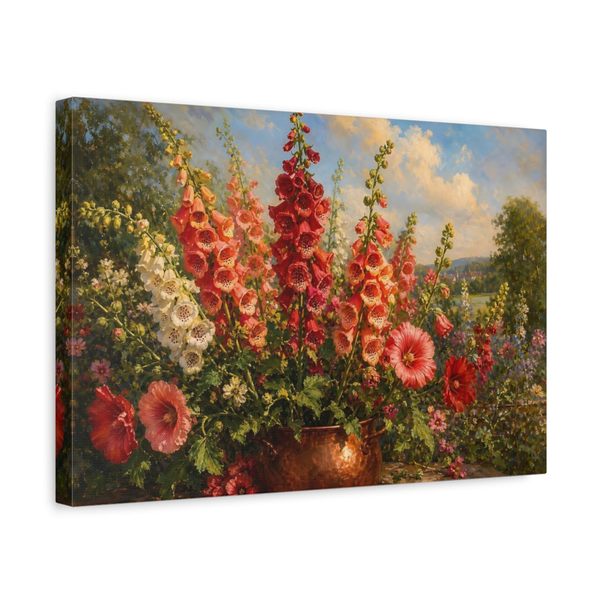 Side Mockup 4. Floral Foxglove Flowers Vibrant Garden Floral shown as stretched canvas wall art