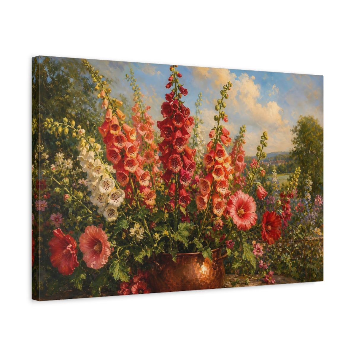 Side Mockup 3. Floral Foxglove Flowers Vibrant Garden Floral shown as stretched canvas wall art