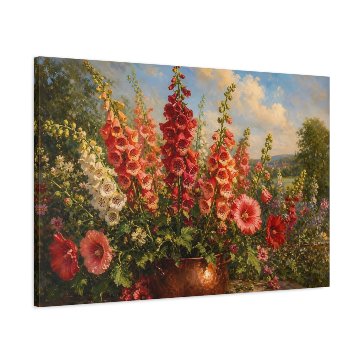 Main Mockup. Floral Foxglove Flowers Vibrant Garden Floral shown as stretched canvas wall art