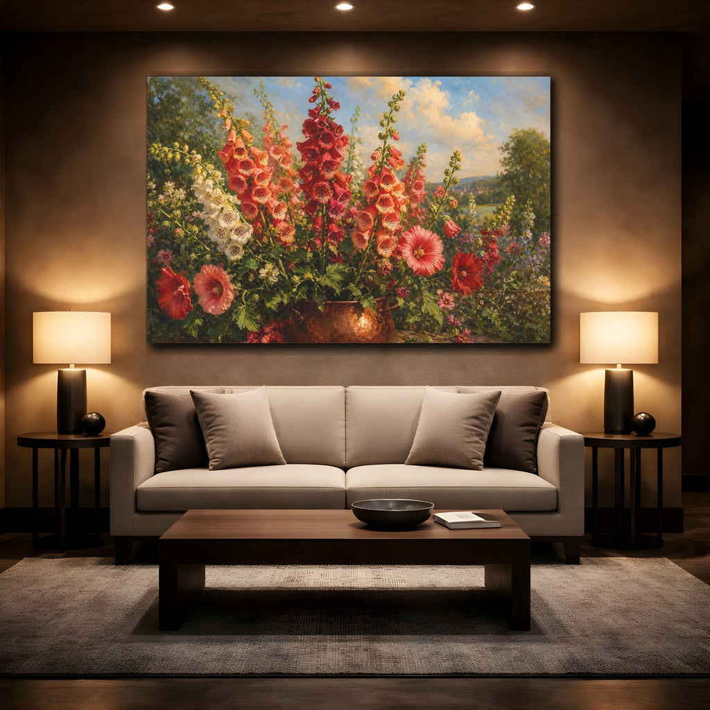 Mockup 2. Floral Foxglove Flowers Vibrant Garden Floral shown as stretched canvas wall art