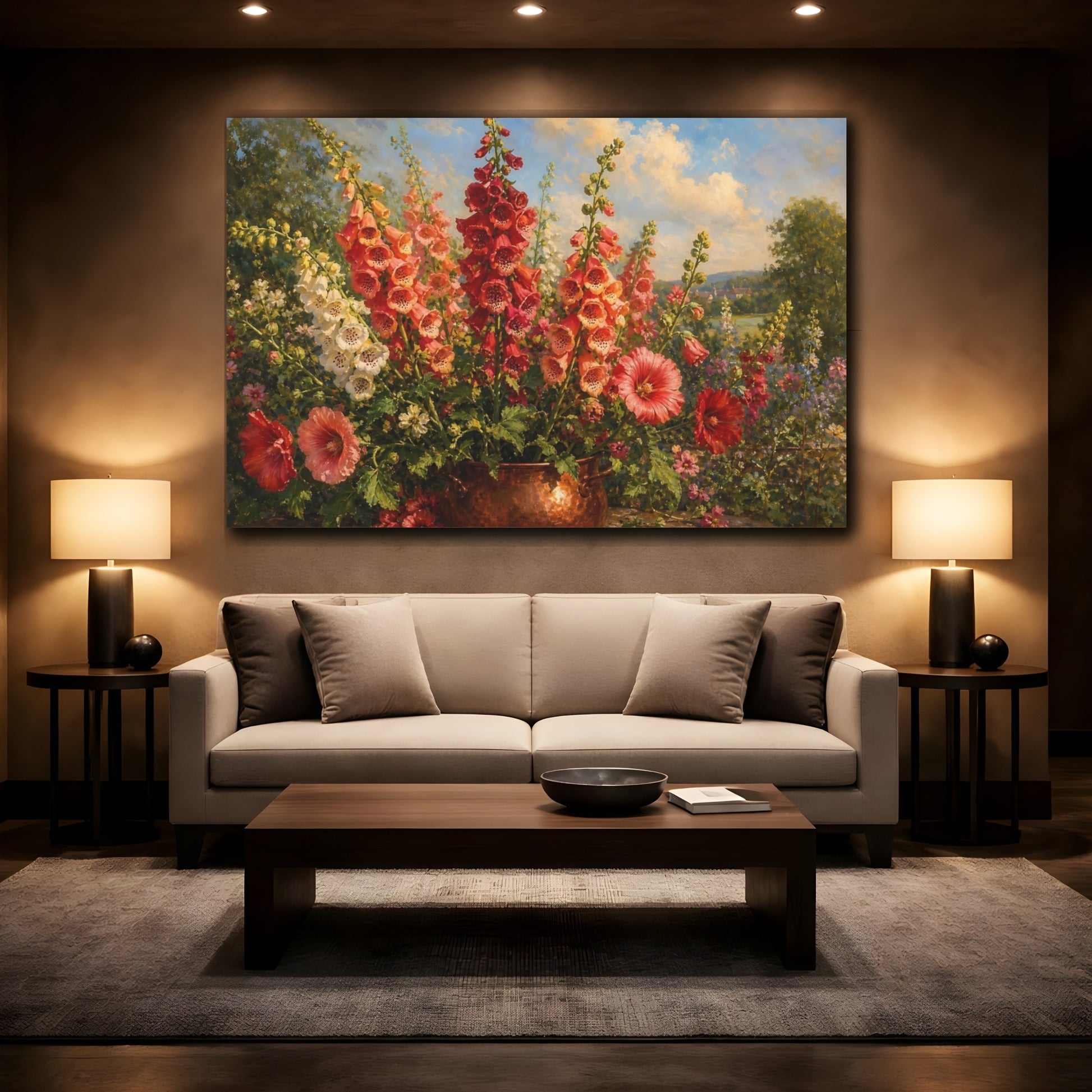 Mockup 2. Floral Foxglove Flowers Vibrant Garden Floral shown as stretched canvas wall art