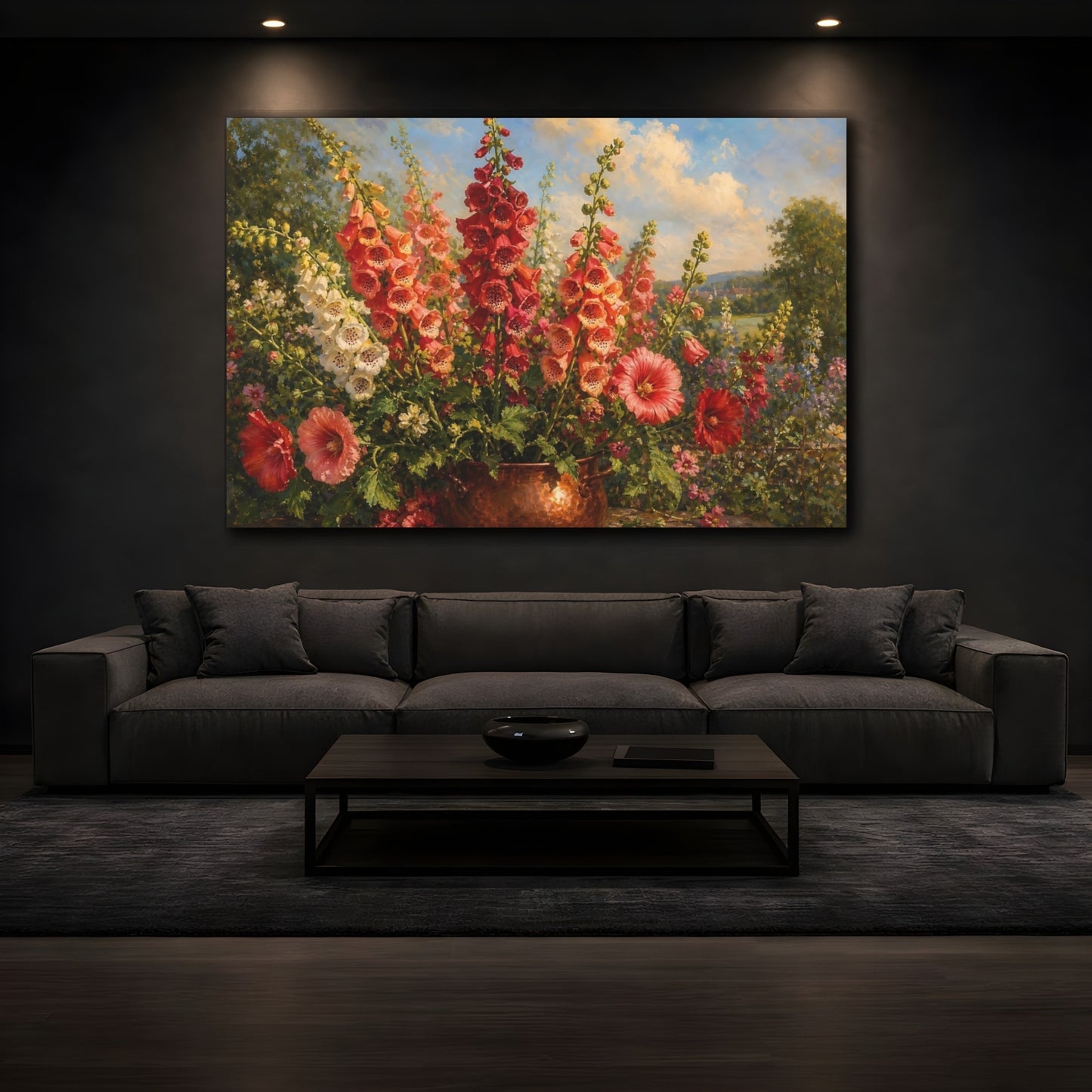Mockup 3. Floral Foxglove Flowers Vibrant Garden Floral shown as stretched canvas wall art