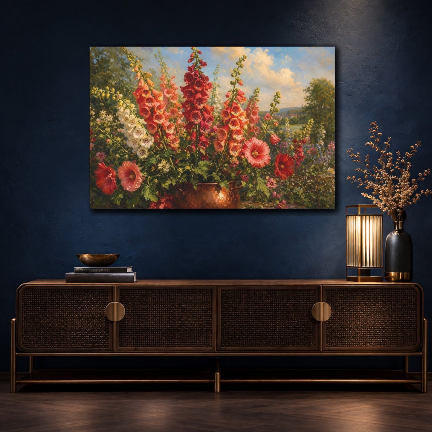 Mockup 4. Floral Foxglove Flowers Vibrant Garden Floral shown as stretched canvas wall art