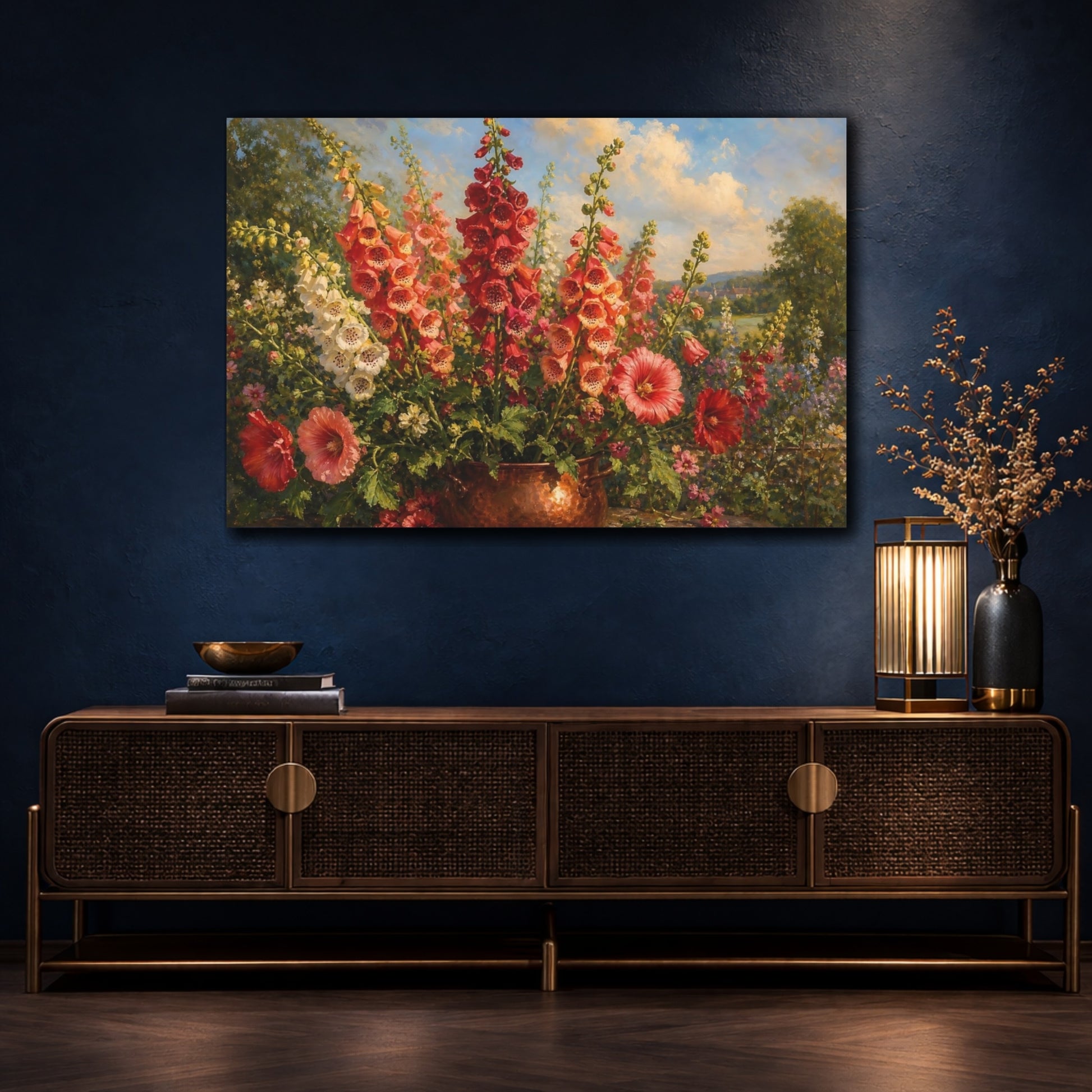Mockup 4. Floral Foxglove Flowers Vibrant Garden Floral shown as stretched canvas wall art
