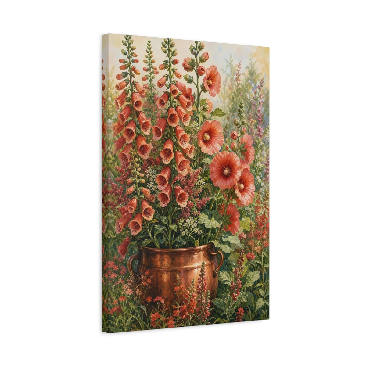 Side Mockup 3. Floral Foxgloves Coral Floral shown as stretched canvas wall art