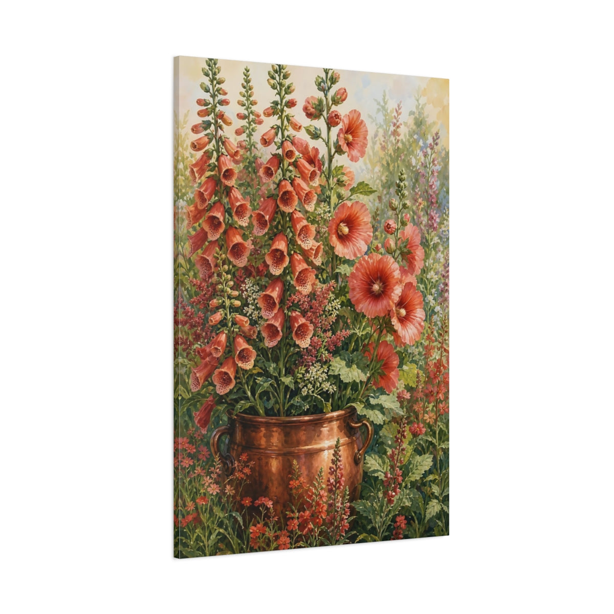 Side Mockup 1. Floral Foxgloves Coral Floral shown as stretched canvas wall art