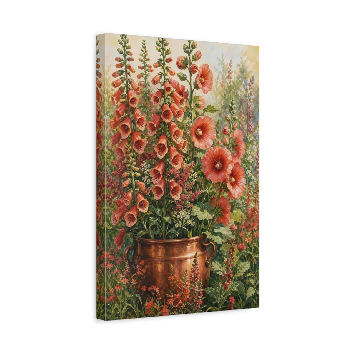 Side Mockup 4. Floral Foxgloves Coral Floral shown as stretched canvas wall art